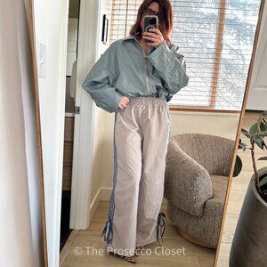 Grey Athletic Women's Track Pants Wide Leg with Blue Ribbon Bow Detail (S)